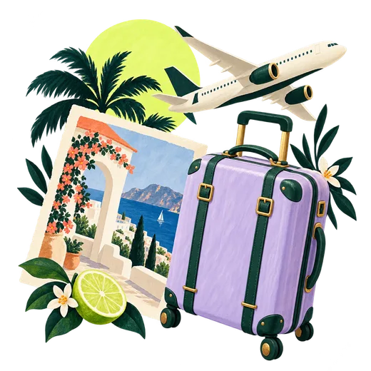 Illustrated plane and suitcase ready for a getaway